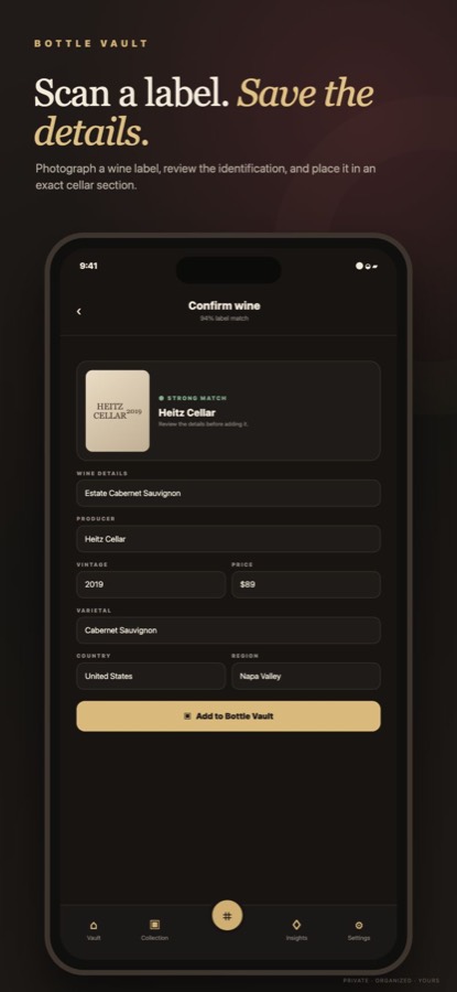 Bottle Vault label recognition screen with identified wine details