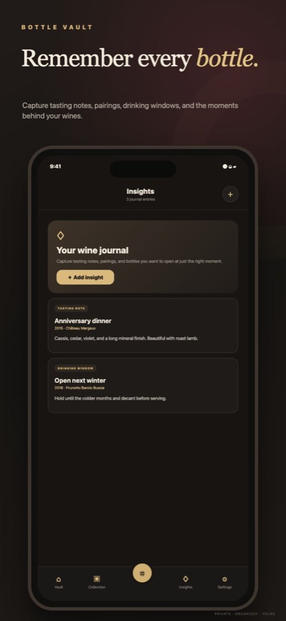 Bottle Vault insights screen with collection analytics